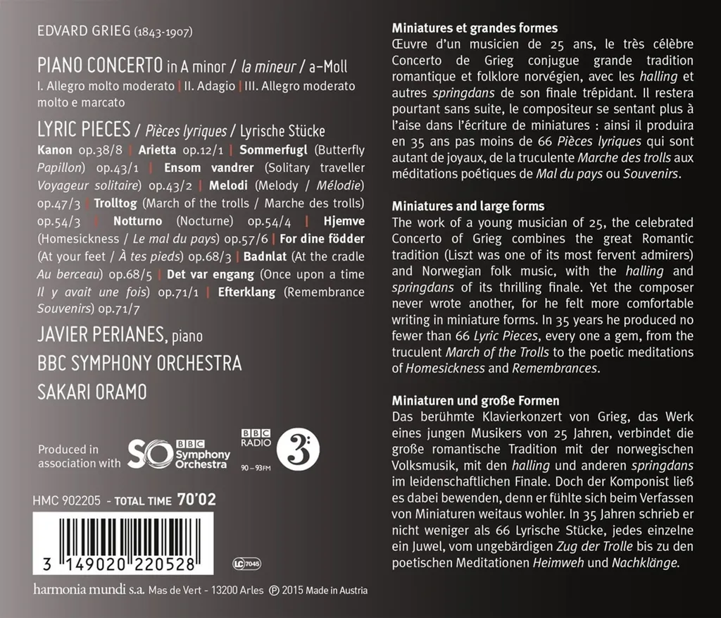 Concerto pour Piano et Pièces Lyriques d'Edvard Grieg en CD Audio Classique