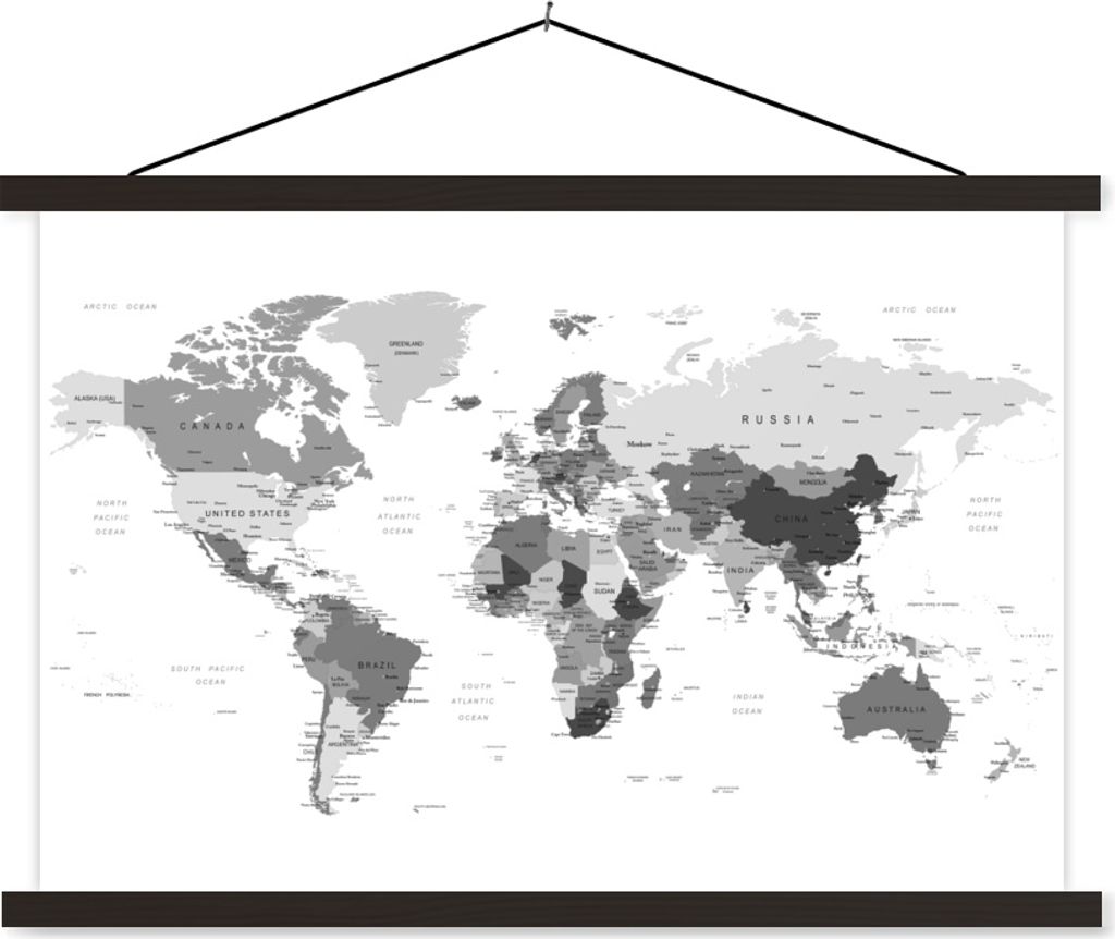 MuchoWow Textilposter Abstrakte Weltkarte mit Grautönen - schwarz und weiß 150x100 cm mit schwarzem Rahmen - Schlafzimmer