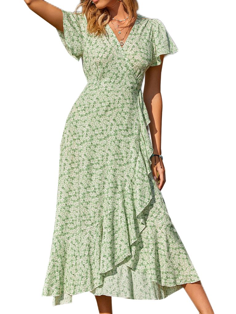 Damen Midi-Kleid Midikleid Braun Kurzarm Folk Unregelmäßiger Saum