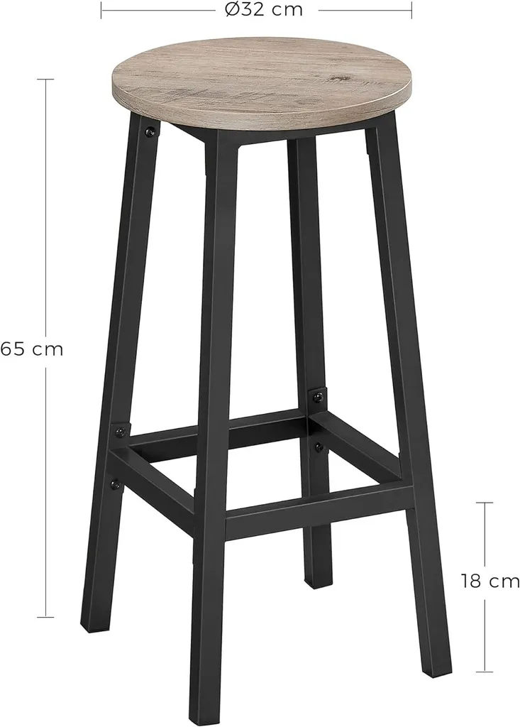 Tabourets de Bar Robustes en Acier et Bois Gris, Hauteur 65 cm - Set de 2