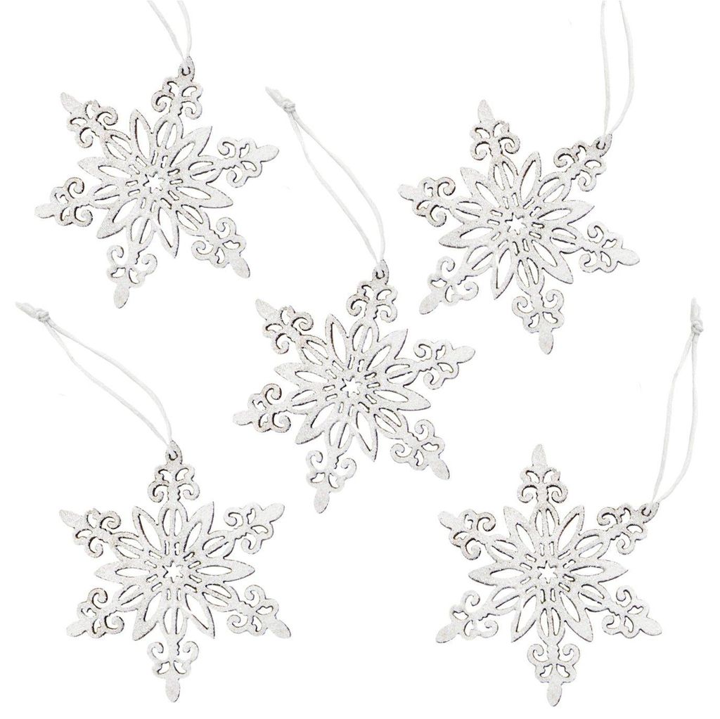 5 Schneeflocken Weihnachtsbaumanhänger aus Holz weiß silber Produktbild 