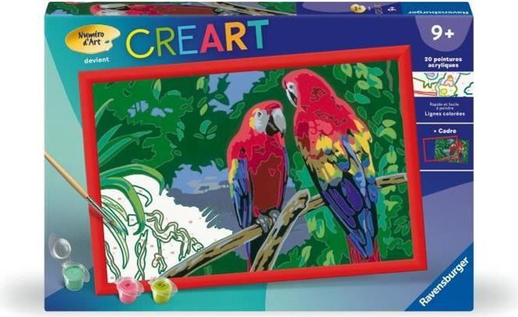 Malen nach Zahlen Set CreArt Kids Papageien, 31x21cm, Ab 7 Jahren, Inklusive Rahmen, Pinsel und Farben