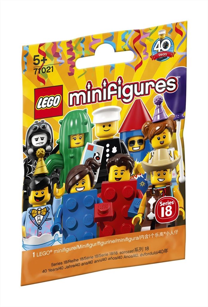 A sealed bag of LEGO minifigures with various characters depicted on the front.
