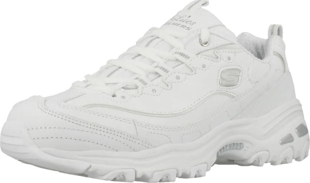 A white Skechers sneaker is shown from the side against a white background.