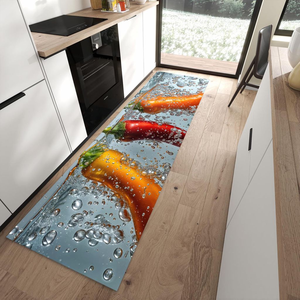 Küchenteppich 80x280cm rutschfest & abwischbar PVC Läufer - In Wasser Paprika