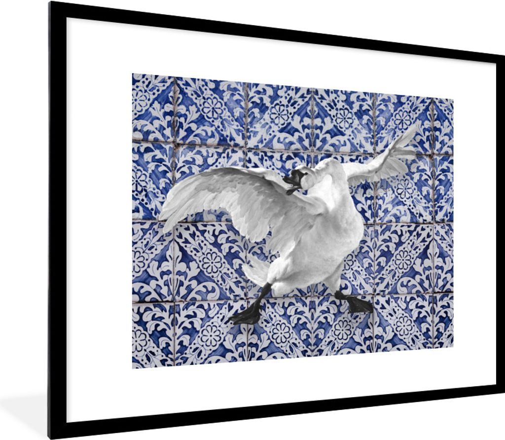 MuchoWow Gerahmtes Poster Schwan - Kunst - Delfter Blau - Malerei - Alte Meister 80x60 cm - Poster mit Schwarzem Bilderrahmen Wandposter Rahmen F...