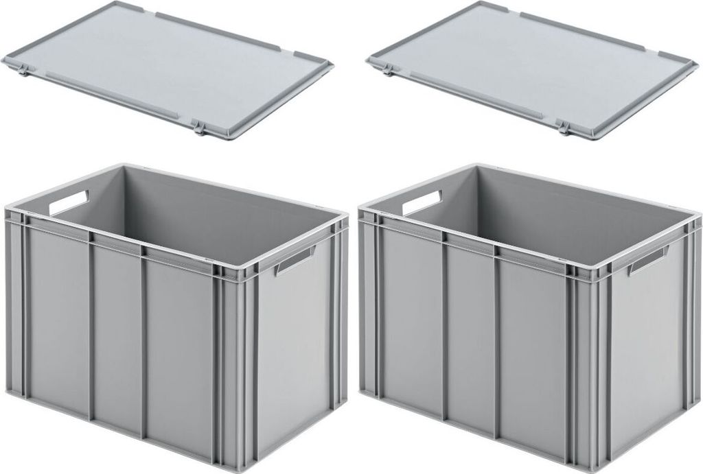 SuperSparSet 2x Eurobehälter mit offenem Griff und Scharnierdeckel | HxBxT 42x40x60cm | 70 Liter | Grau | Eurobox, Transportbox, Transportbehälte...
