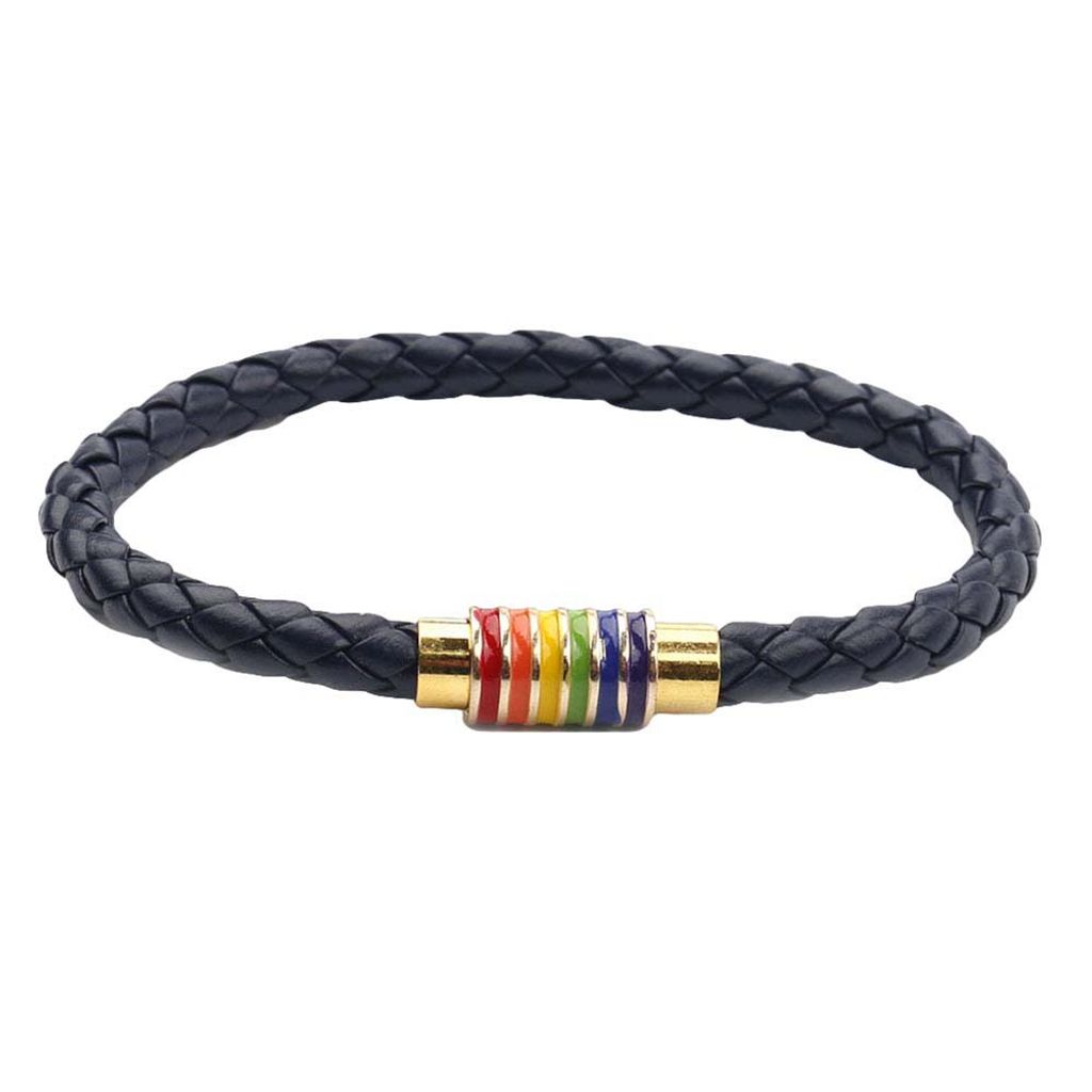 Modisches Uni-Armband aus geflochtenem Leder, Regenbogen-Magnetschnalle, Schmuck-Marineblau-golden