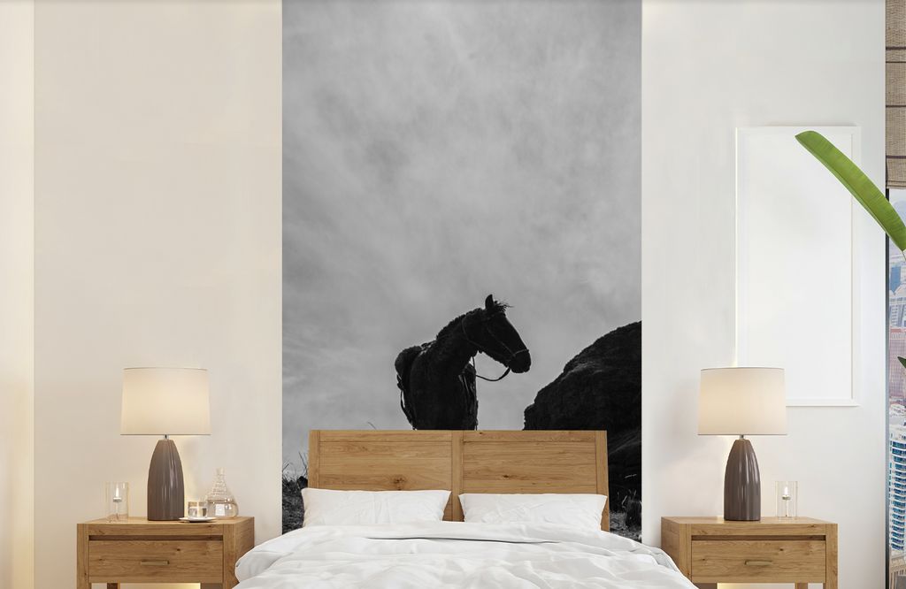 MuchoWow Fototapete für Wohnzimmer oder Schlafzimmer Wandtapete Vinyl Motivtapete Pferd - Wolken - Wiese - 120x240 cm - Hintergrundbild