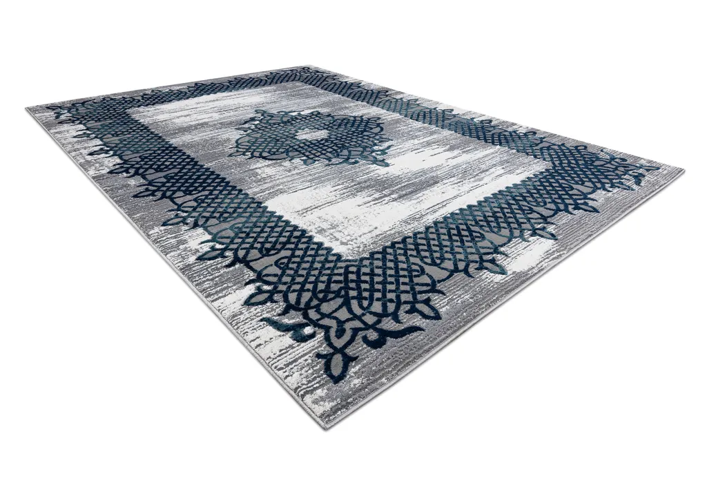 Tapis Bleu Gris Structure Double Niveau Relief Rosette 120x170 cm - 4