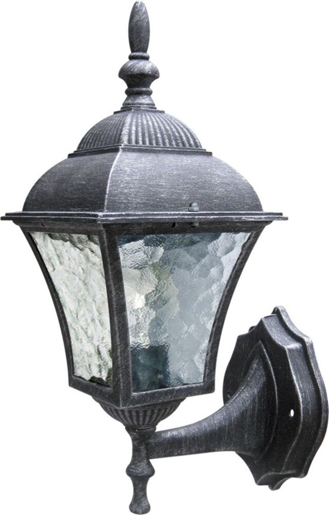 A vintage-style outdoor wall lamp with a black and silver finish.