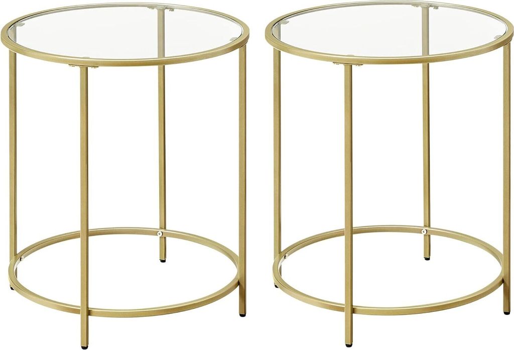 VASAGLE Beistelltisch rund, 2er-Set, kleiner Couchtisch, Glastisch mit Metallgestell, Nachttisch, Sofatisch, Balkon, Hartglas, goldfarben