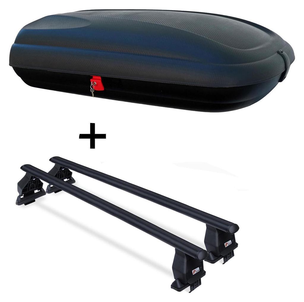 Dachbox VDPBA320 320 Ltr Carbonlook abschließbar + Dachträger Menabo Tema kompatibel mit für Hyundai Kona (SUV 5 Türer) ab 2017 Stahl