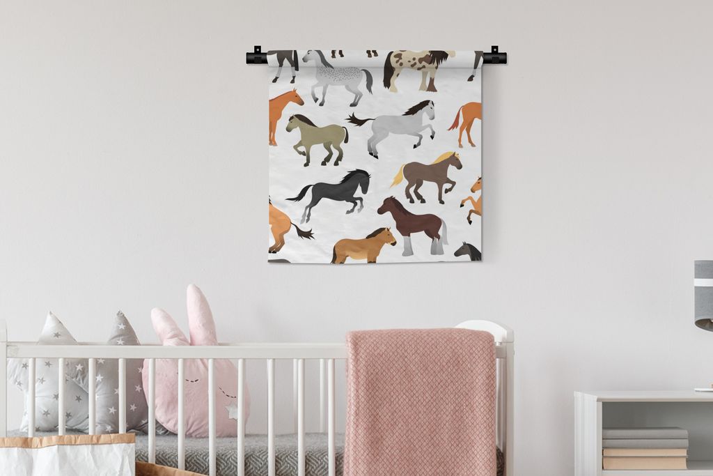MuchoWow Wandteppich Wandbehang Pferde - Weiß - Muster - Mädchen - Kinder - Mädchen 60x60 cm Tapisserie Dekoration Wandtuch - Dekorationen - W...
