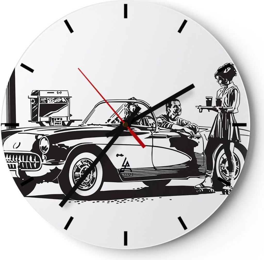 Wanduhr - Rund - Glasuhr - Bar Auto Straße - 40x40cm - Schleichendes Uhrwerk - Lautlos - zum Aufhängen bereit - Dekoration Modern - Wanddekoratio...
