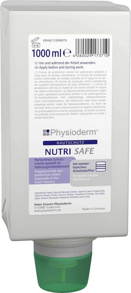 PHYSIODERM Hautschutzcreme Nutri Safe, HACCP-konform, Hautcreme, Gesichtscreme, parfümfrei Inhalt:1 Liter Varioflasche