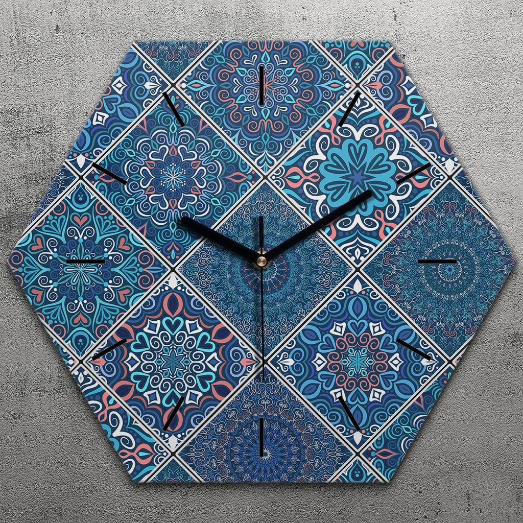 Uhr hexagonal 40 cm Glas Geräuschlos schwarze Zeiger - Portugiesische Mosaiken