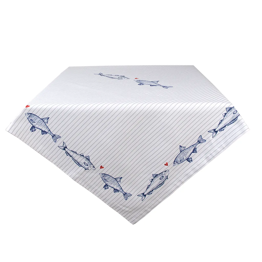 Tovaglia Clayre & Eef 130x180 cm Bianco Blu Cotone Pesce