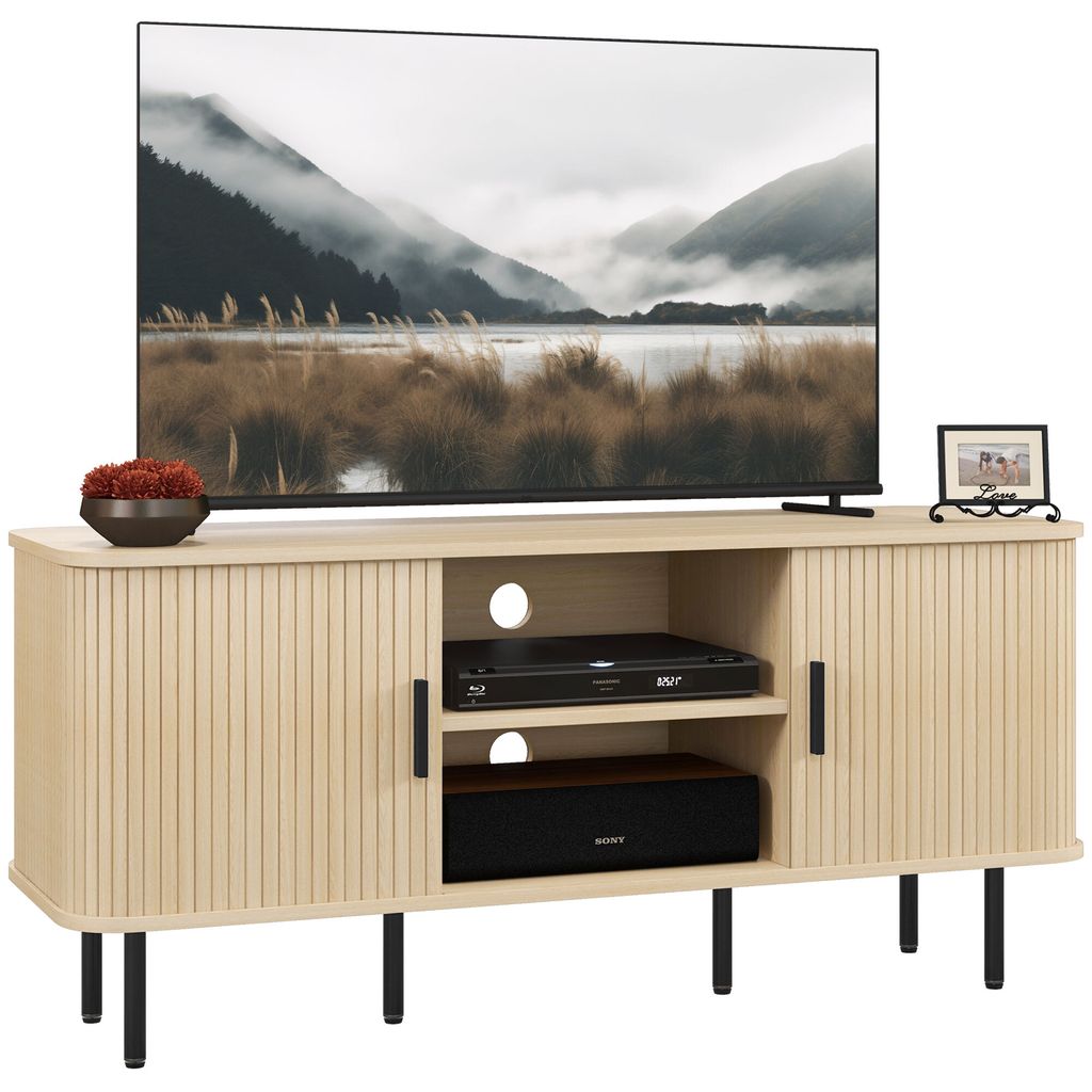 HOMCOM TV-Schrank, TV-Bank, mit 2 Lamellen-Drehtüren, 120 cm, skandinavisches Design, TV-Schrank für Fernseher bis 55 Zoll, Eichenton