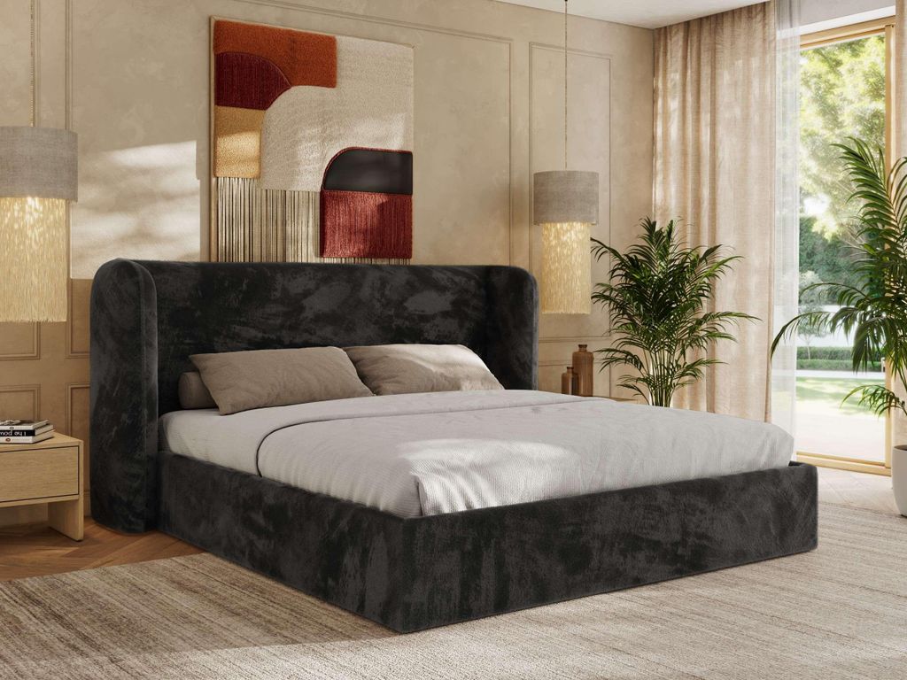 MKS MEBLE Doppelbett Polsterbett EMORA CLASSIC Bett Holzgestell hohes Kopfteil Multipocket Matratze ELORI LUX 180x200 Dunkelgrau Plüsch
