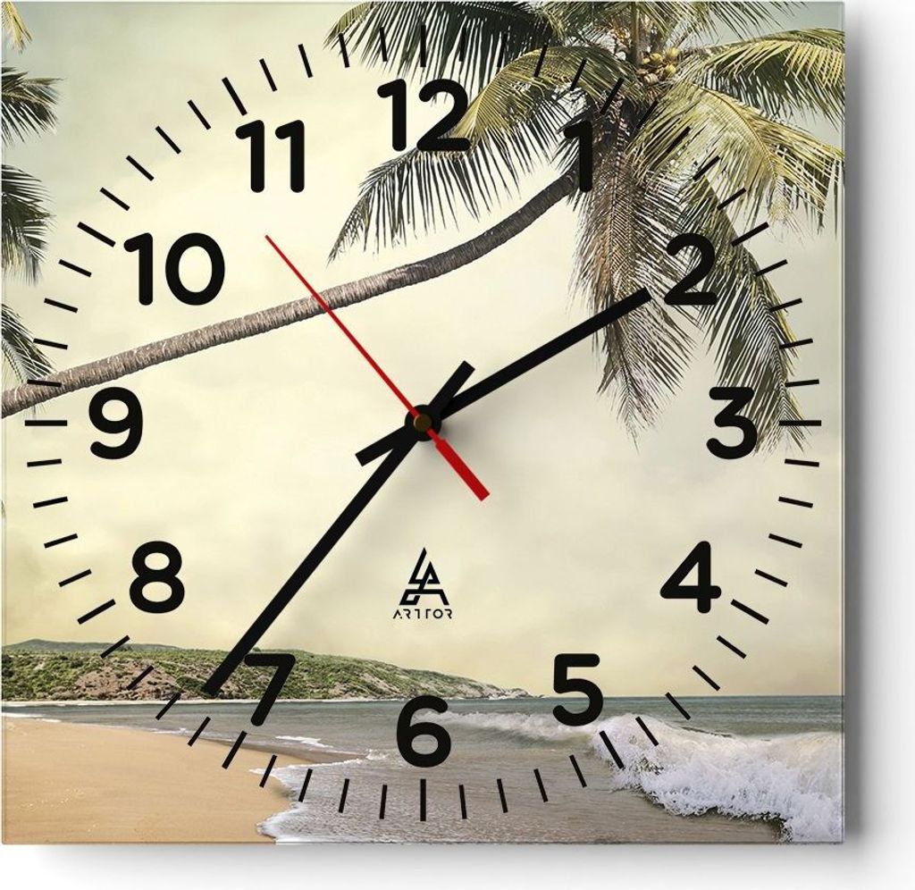 Wanduhr - Quadrat - Glasuhr - Palme Strand Insel - 40x40cm - Schleichendes Uhrwerk - Lautlos - zum Aufhängen bereit - Dekoration Modern - Wanddeko...