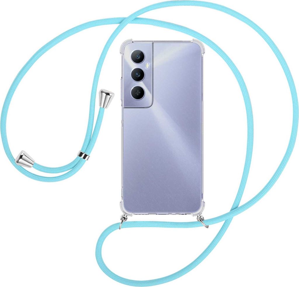 Handykette Backcover-Schutzhülle mit Band (Metall silberfarben) für Realme C65 4G - himmelblau