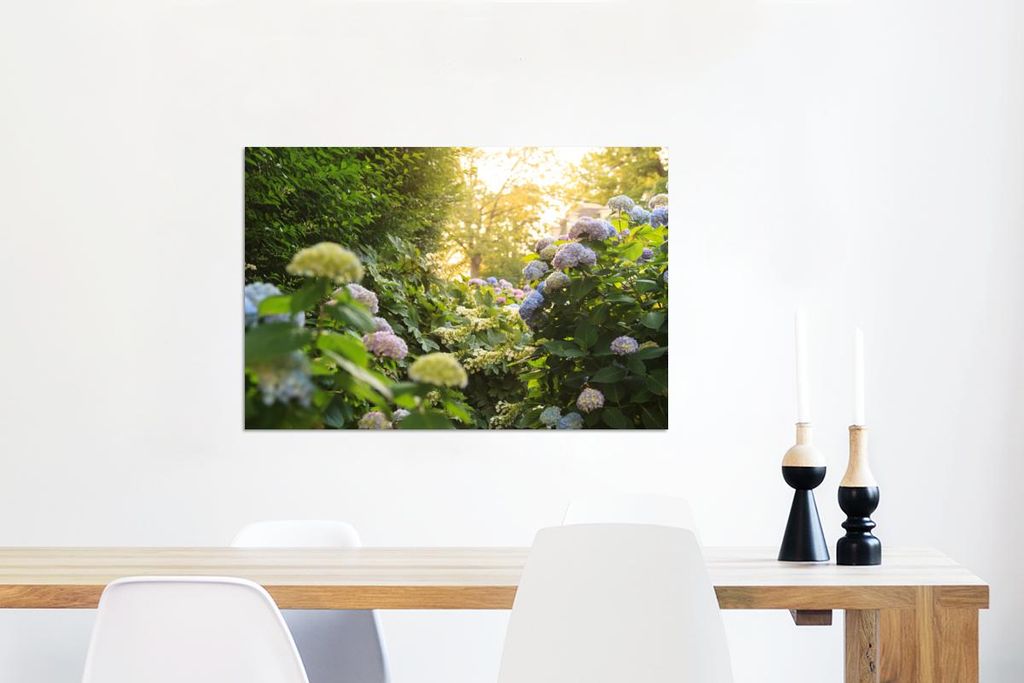MuchoWow Wanddekoration Metall Metallbild Wandkunst 60x40 cm Gelbe Hortensien im Garten MuchoWow Aluminium Gemälde - Gemälder