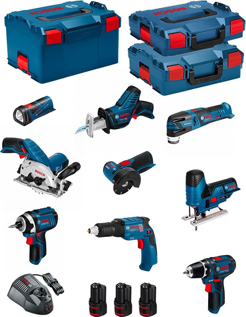 BOSCH Kit 12V BMK9-28AD3 (GSR 12V-15+GTB 12V-11+GDR 12V-105+GWS 12V-76+GST 12V-70+GKS 12V-26+GOP 12V-28+GSA 12V-14+GLI 12V-80)