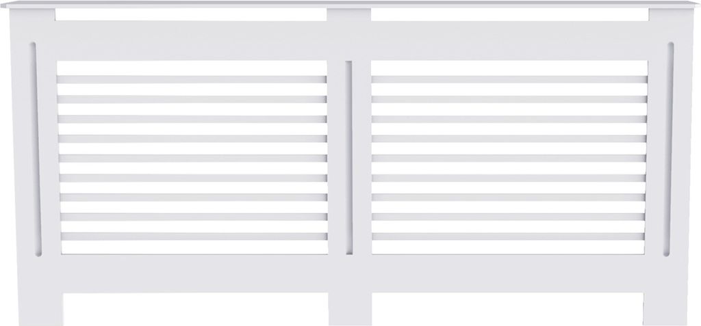 A white radiator cover with horizontal slats and a top shelf.