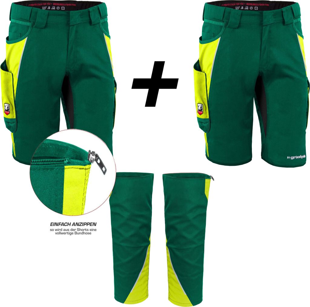 Qualitex kurze Arbeitshose - RIESEN-BUNDLE 2x IRON Shorts + Beinlinge - Lyocell, Cordura & Stretch - in Farbe: grün/warngelb - Herren: 44 - Damen: 38
