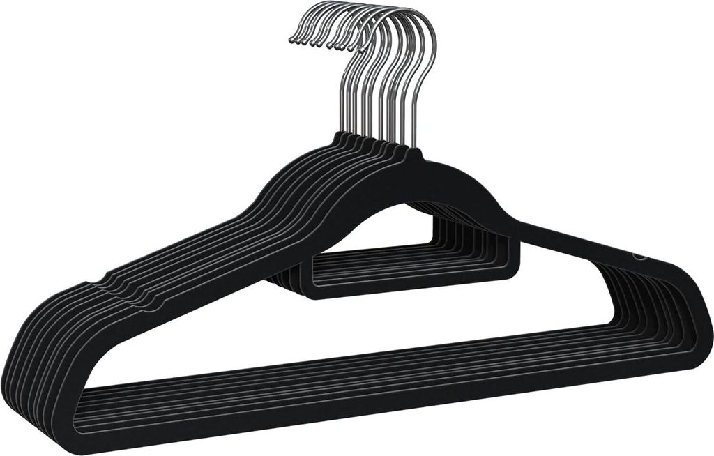 Kleiderbügel Velours, 8 Stück, rutschhemmend, Samtbeflockung, schwarz, 360o Drehb. Haken, Platzsparend, Kerben für Kleider, rutschfeste Kleider...