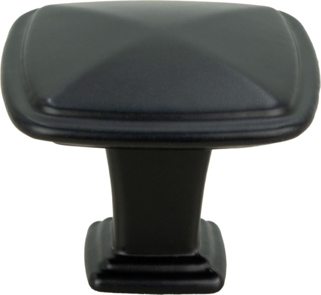 Quadratische schwarze Möbelknöpfe aus Aluminium mit mattem Finish - ideal für Küchenschränke und Schubladen, inklusive Montageschraube.