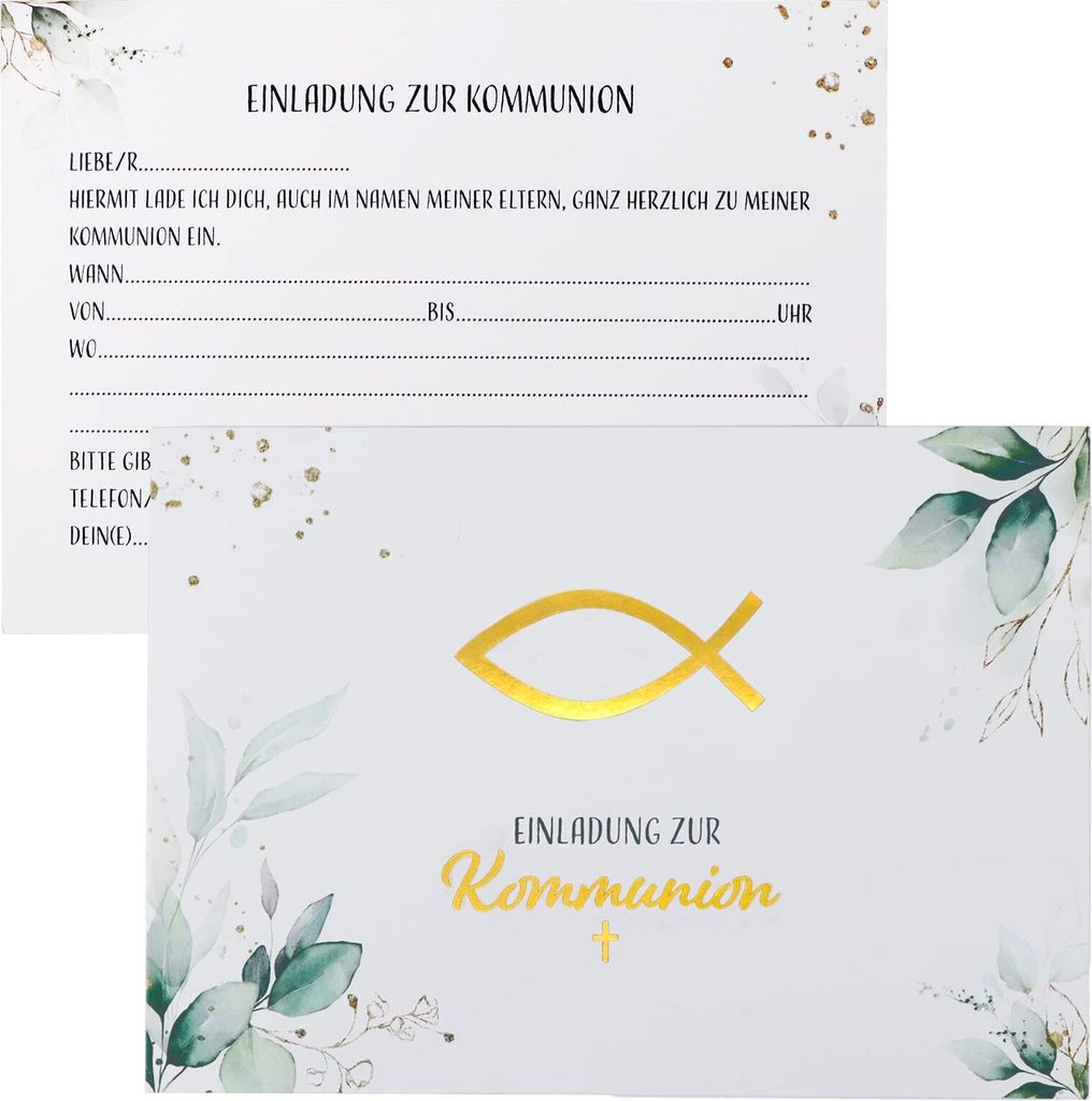 BETESSIN 12 x Einladungskarten zur Kommunion Din-A6 Karten mit Elegantes Blättermotiv und Umschlägen für Einladungen zur Erstkommunion Jungen un...