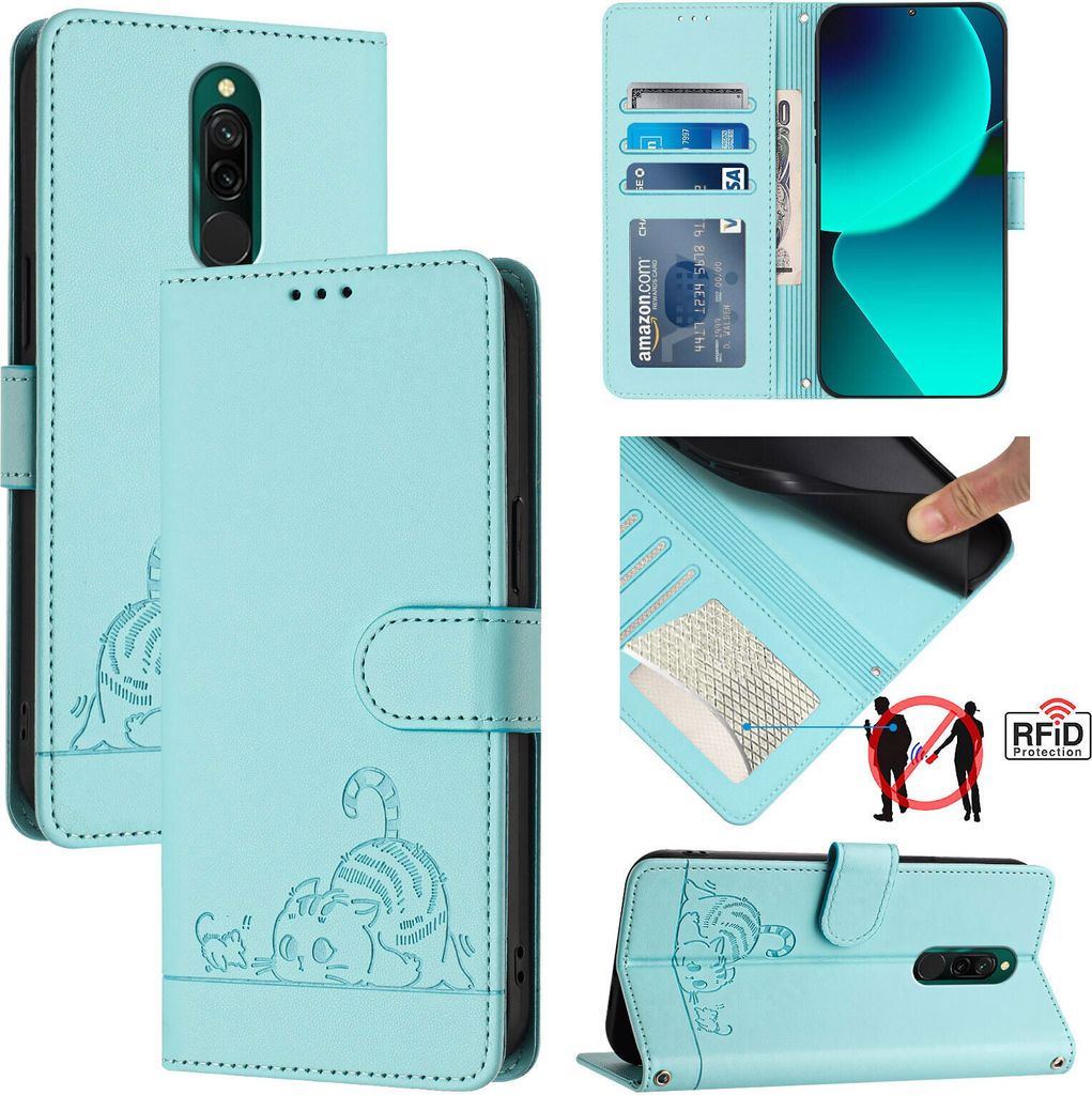 Leder Hülle für Xiaomi Redmi 8 Süße Katze Flip Case Brieftasche Schutzhülle mit Standfunktion hellgrün