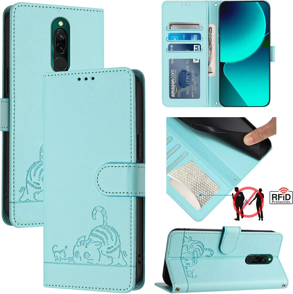 Cover Gatto Xiaomi Redmi 8 Verde Chiaro - Custodia Flip Style & Stand