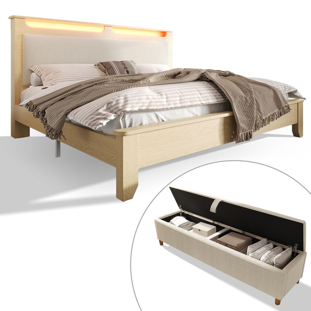 Polsterbett 180x200 cm Holzbett mit Stauraum Bettbank & LED Kopfteil Beige Cord Doppelbett Holz Heller Eichegerundetes Design Ohne Matratze