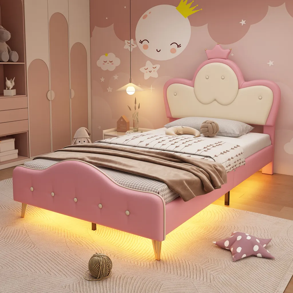 Flieks Lit rembourré 90x200cm Rose avec Couronne LED pour Fille