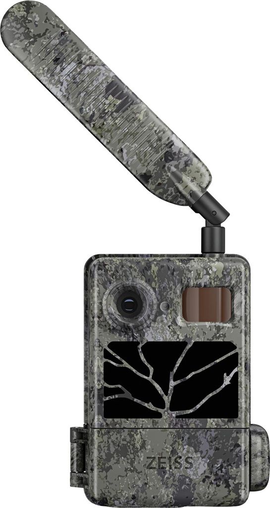 A camouflage-patterned trail camera with an extended antenna, shown against a white background.