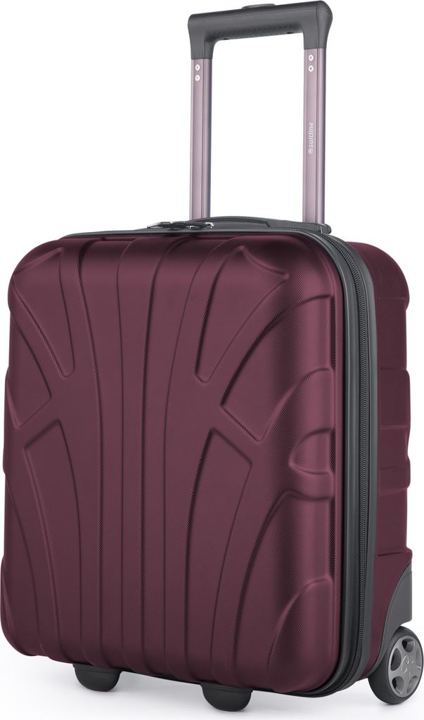 A burgundy suitcase with wheels and a retractable handle against a white background.