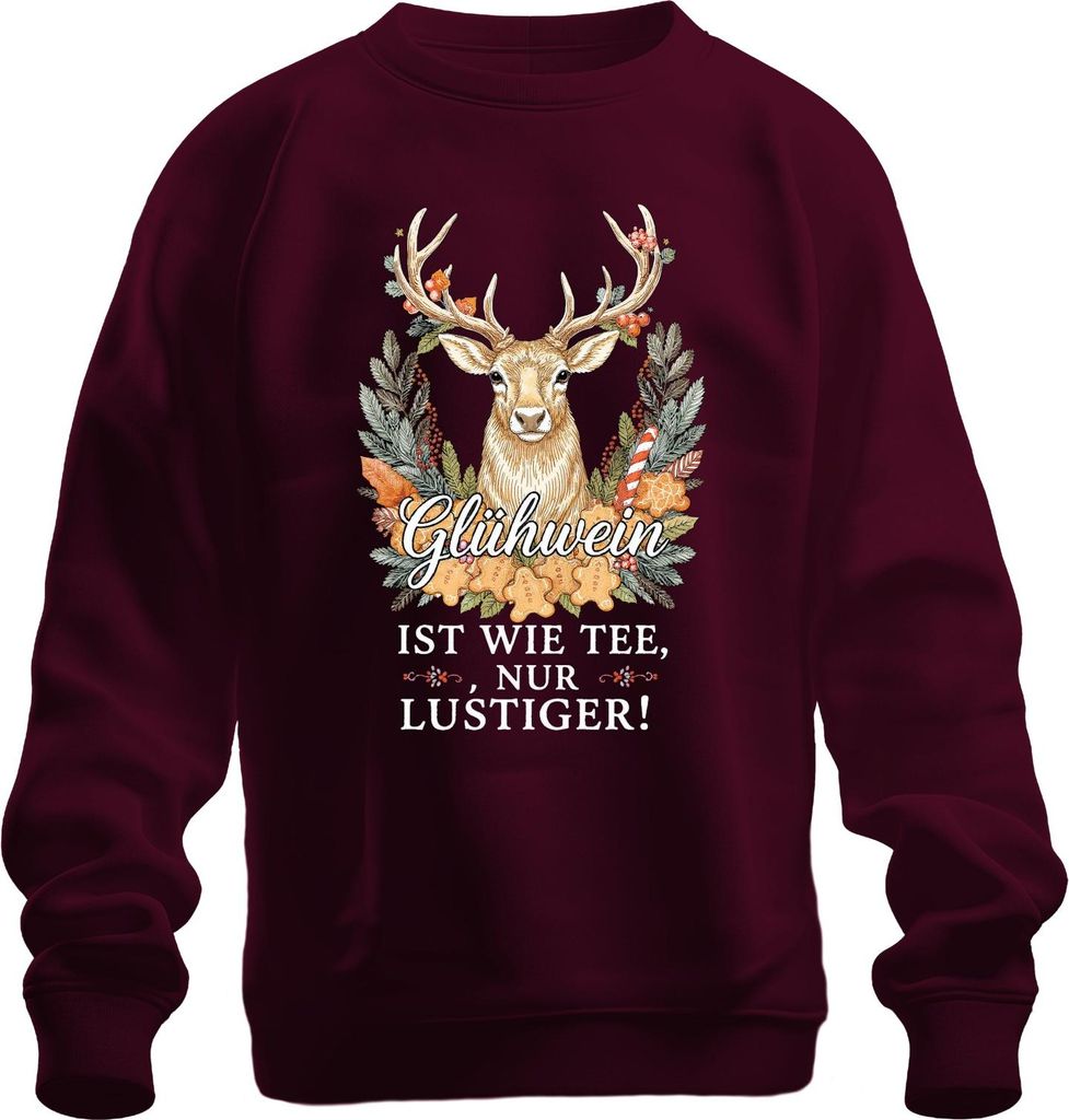 Glühwein ist wie Tee nur viel lustiger Weihnachten Retro Hirsch Uni Sweatshirt Pullover, Burgundy, 3XL