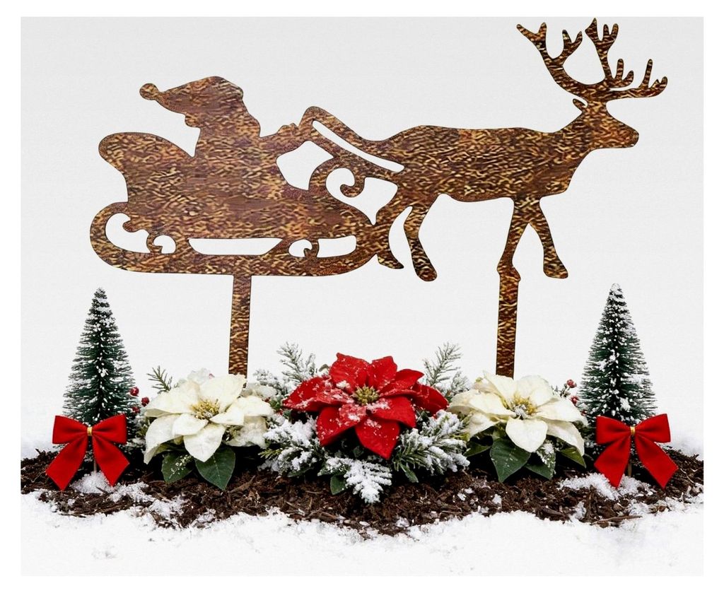 25 cm Gartenstecker Weihnachten, Schlitten mit Rentier in Rostoptik, Dekoration für Garten und Rasen