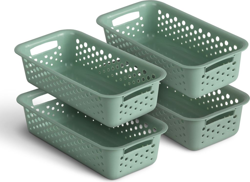 Four green storage baskets stacked and arranged on a white background.