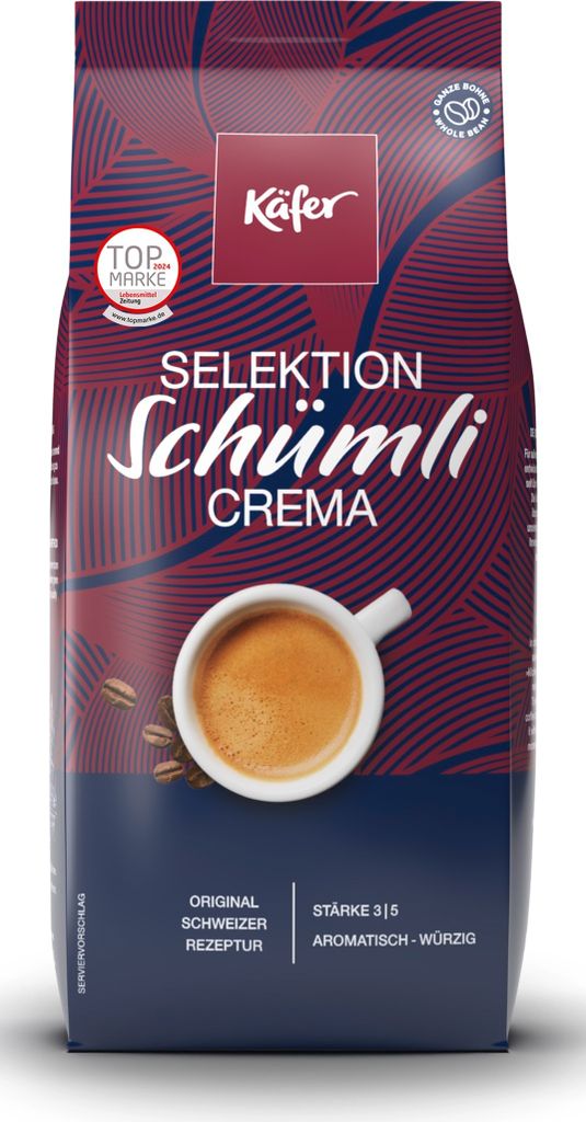 A bag of Käfer Selektion Schümli Crema coffee beans with a cup of coffee and coffee beans shown.