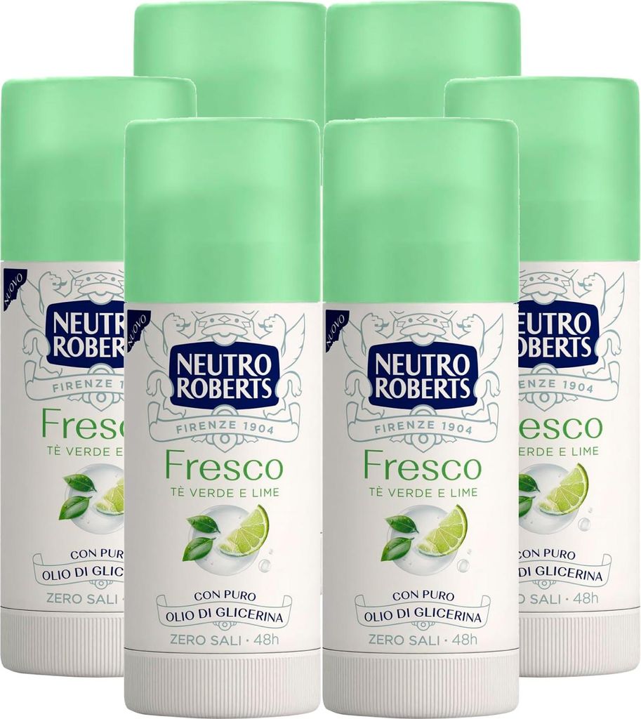 6 x Neutro Roberts Deodorant Stick Fresco Zero Salze Wirksam 48h Duft Grüner Tee und Limette - 6 Flaschen à 40 ml