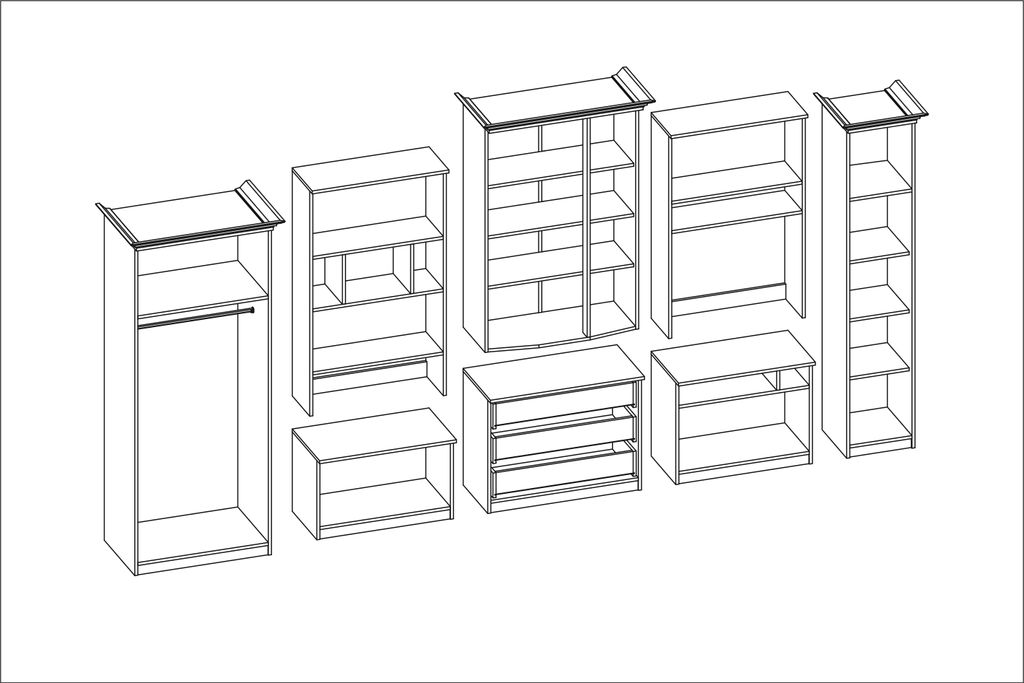 A collection of wireframe drawings of modular furniture units, including wardrobes, shelves, and TV stands.