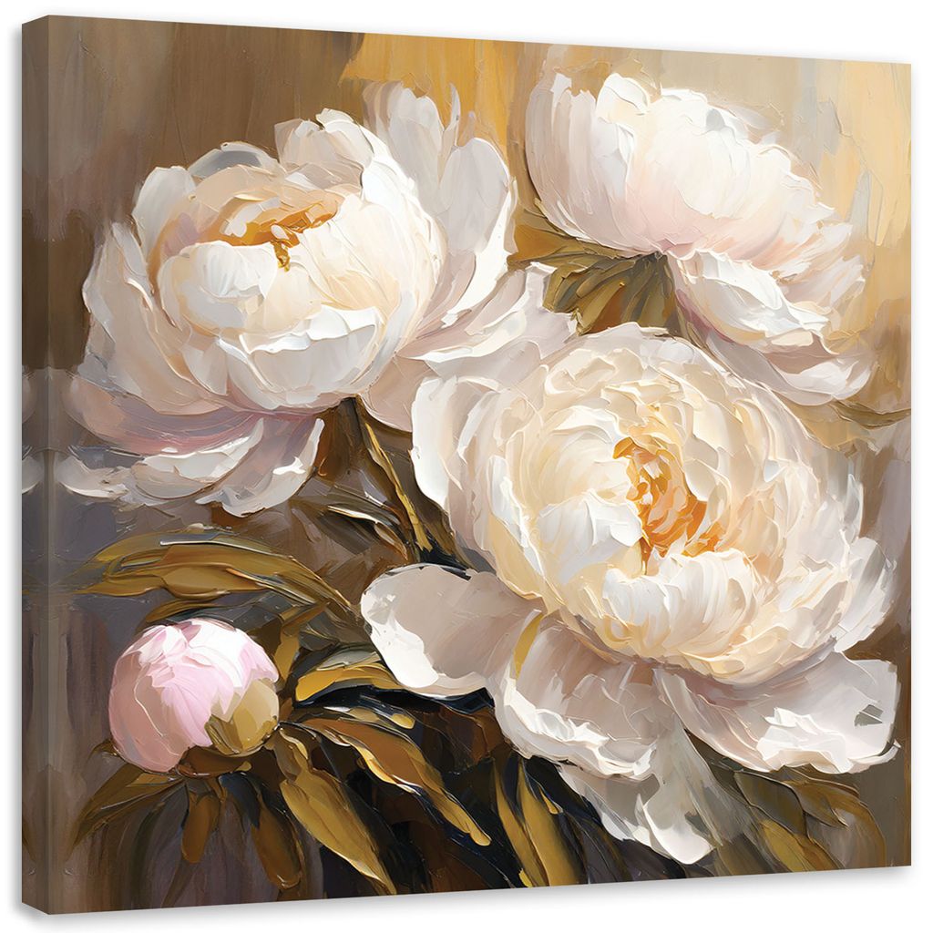 Leinwandbild für Wand Handgemalte Pfingstrosen 60x60 Feeby Beige bild für die wand bereit zum aufhängen