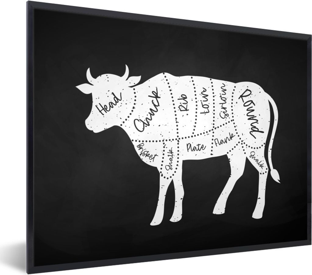 MuchoWow Gerahmtes Poster Küche - Kühe - Metzger 80x60 cm - Poster mit Schwarzem Bilderrahmen Wandposter Rahmen Foto Bilder - Schwarzem - Mit G...
