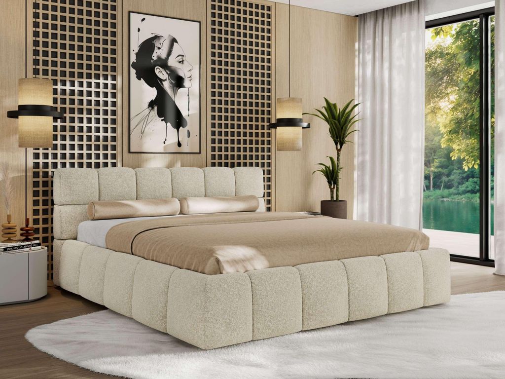 MKS MEBLE Polsterbett NIRA CLASSIC mit Bettkasten & Lattenrost gepolstertem Kopfteil Stauraumbett Gasdruck Foam Matratze MIRO LUX 160x200 Creme Str...
