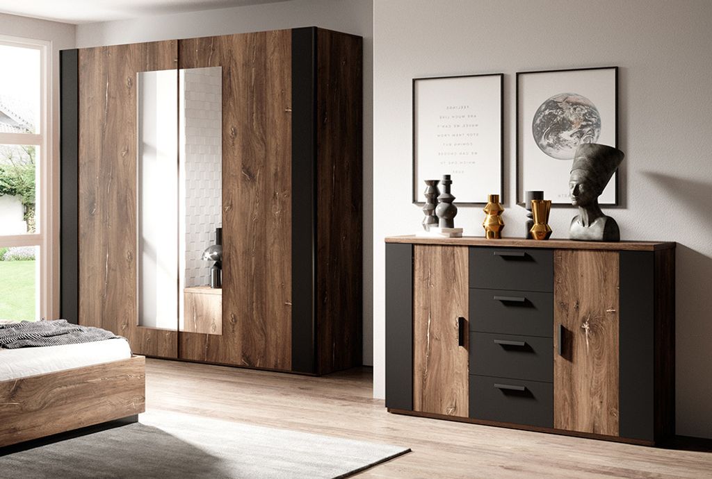 Kleiderschrank mit Kommode SOLMS-83 in Flagstaf Eiche dunkel Nb. und kupferrot, kombiniert mit schwarz