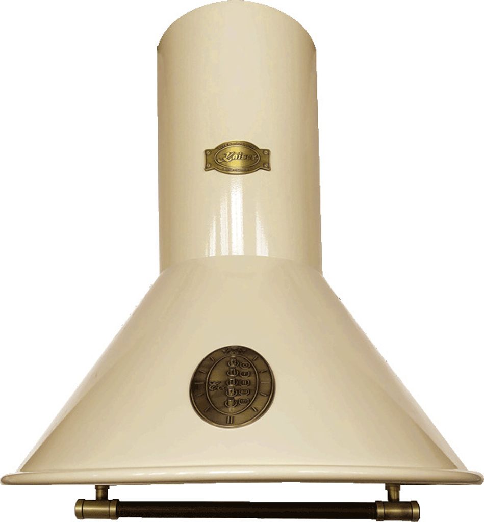 A cream-colored retro range hood with gold accents and branding.
